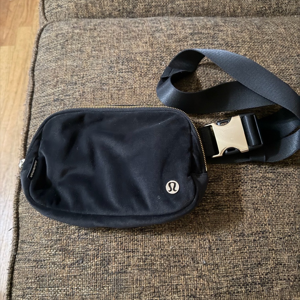 lululemon athletica Black velour Belt Bag with gold Buckle